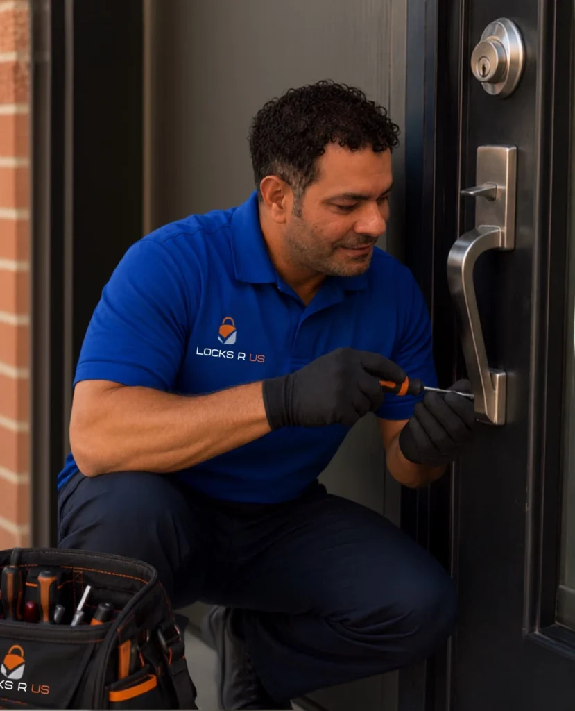 Locks R Us Locksmith technician working on a front door lock in West St. Louis County