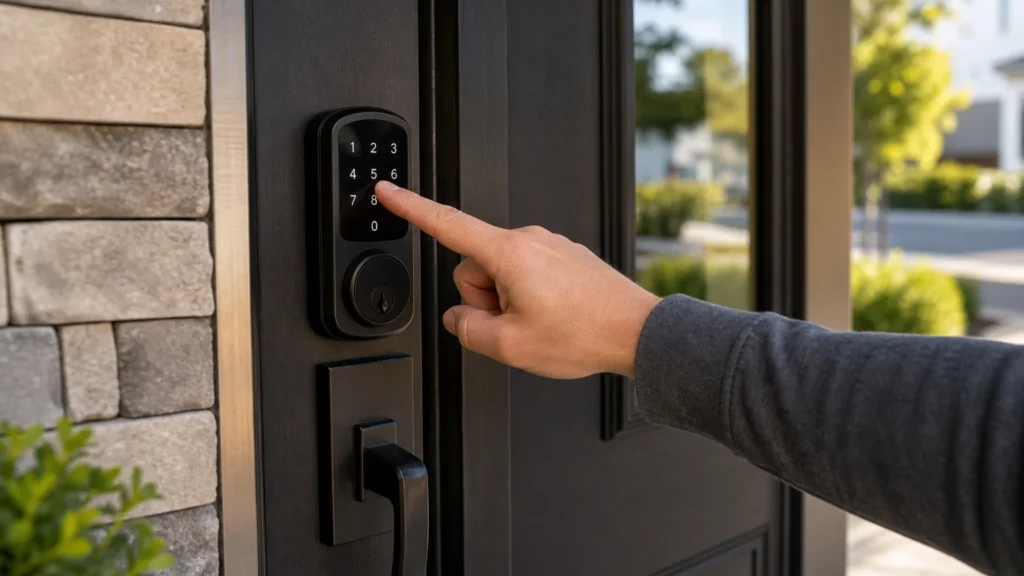 Hand entering a code on a modern keypad smart lock installed on a home door