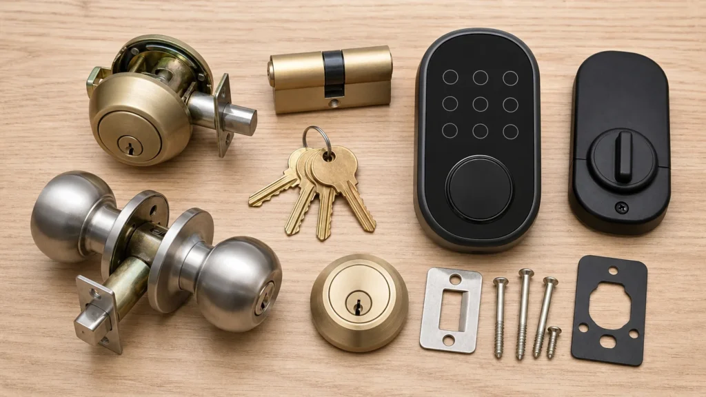 Residential lock hardware, keys, and a smart lock keypad arranged on a table