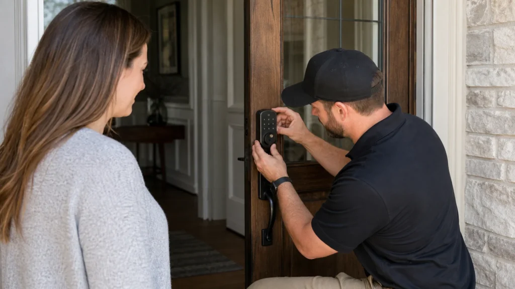 Locksmith installing a keyless smart lock on a home front door