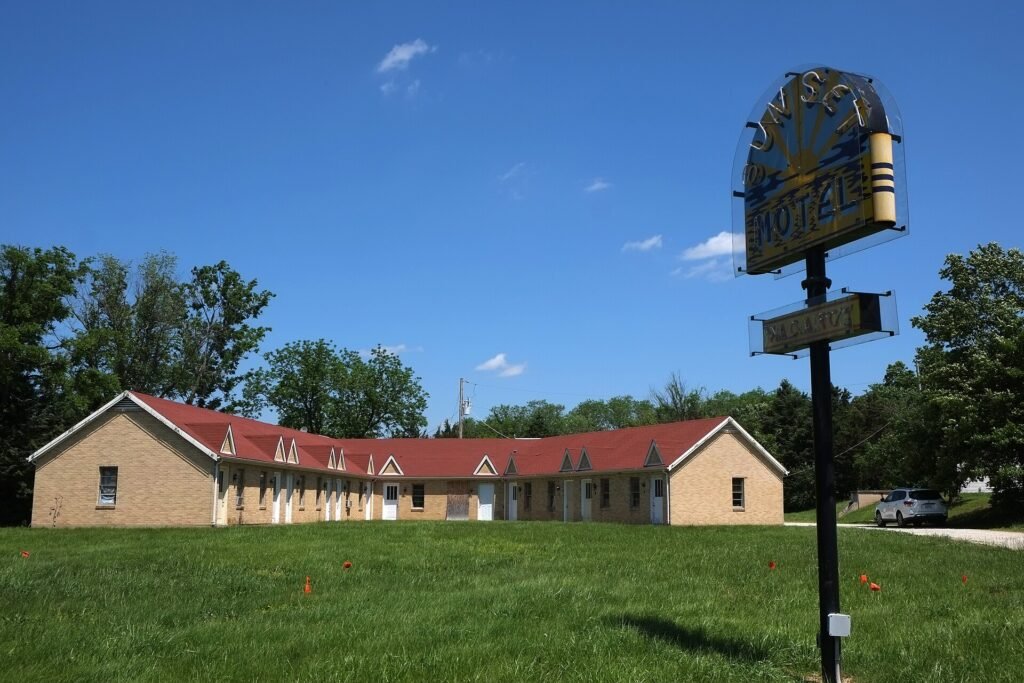 The Sunset Motel and its sign on historic Route 66 in Villa Ridge, Missouri