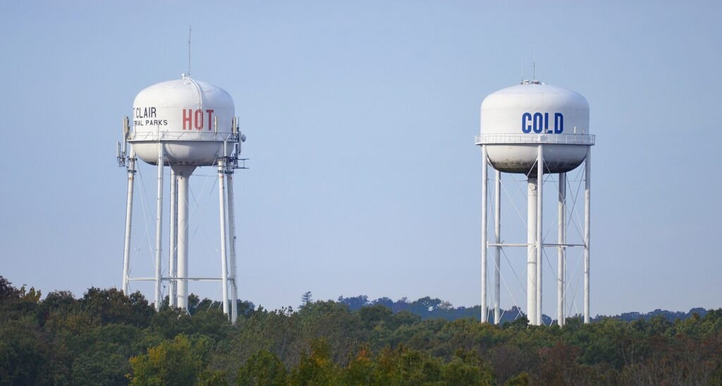 The two water towers labelled Hot and Cold in St. Clair, Missouri