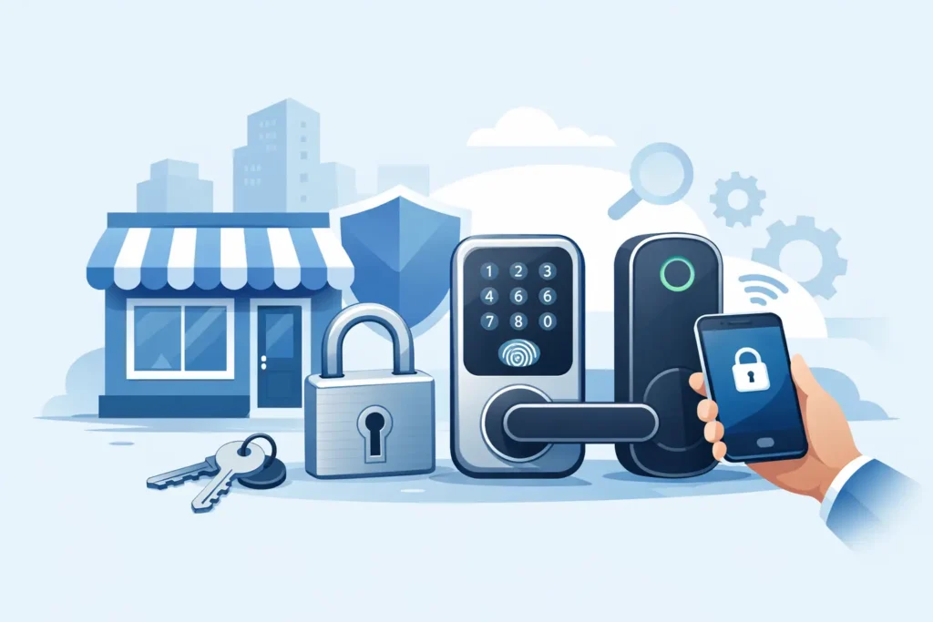 Commercial deadbolt and keypad lock on a small business storefront door