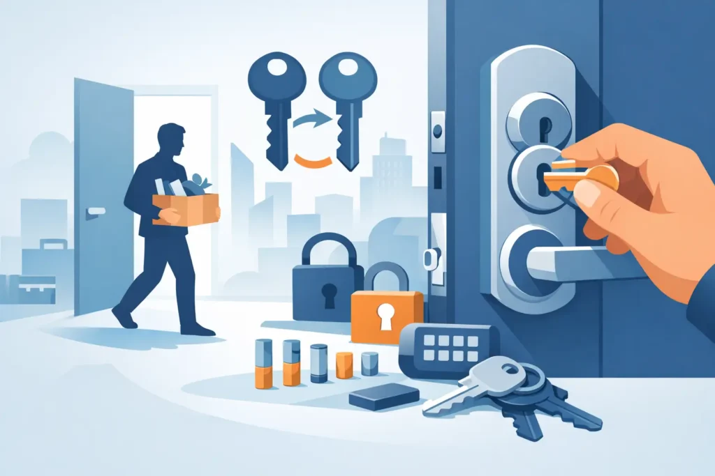 Locksmith rekeying an office door lock after an employee leaves