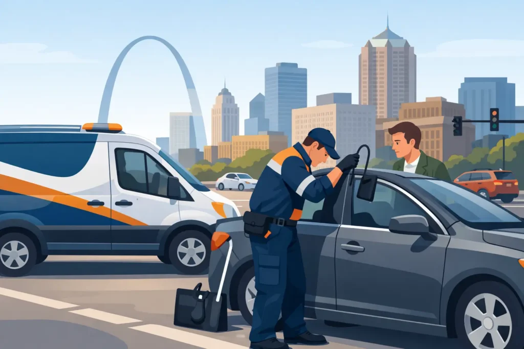 Locksmith unlocking a car door for a driver locked out in St. Louis