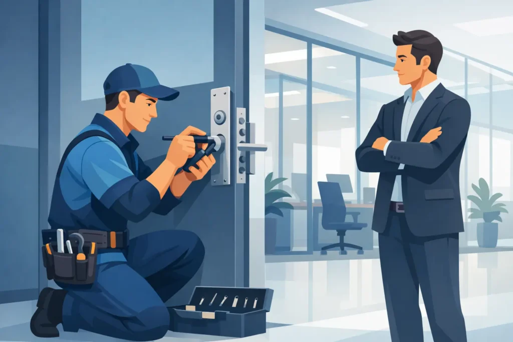 Locksmith repairing a commercial door lock on a business entrance
