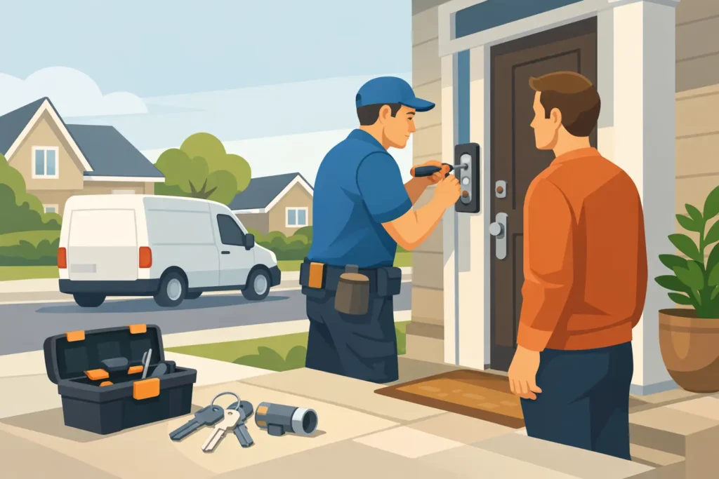 Locksmith changing a house front door lock
