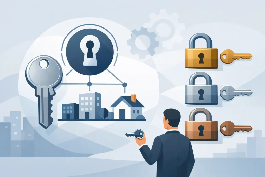 Master key, sub-master and change keys for a commercial lock system