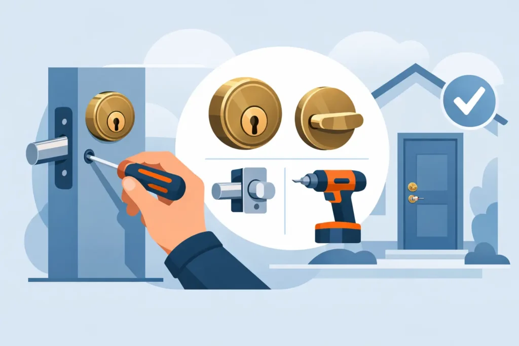 Locksmith installing a deadbolt and strike plate on a front door