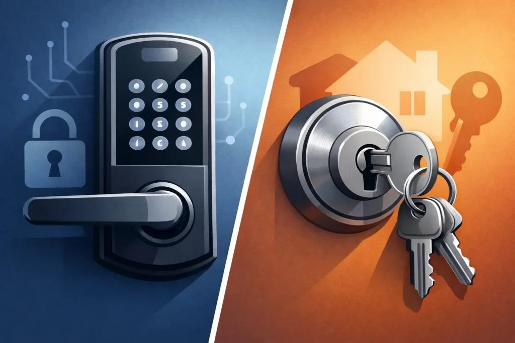 Keypad deadbolt and traditional key deadbolt side by side on front doors