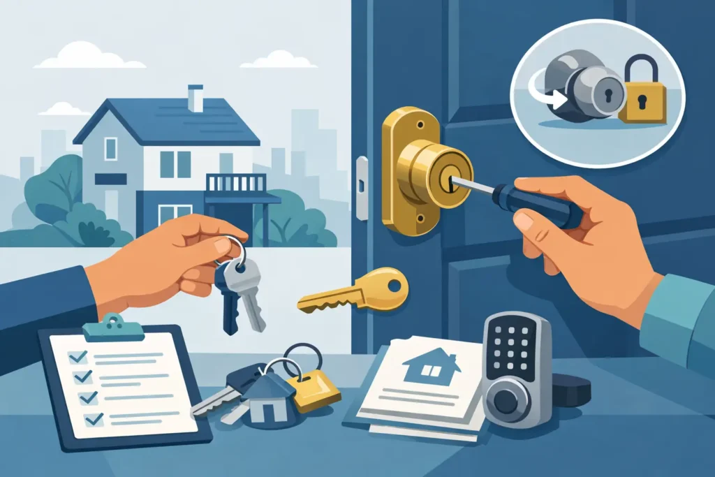 Property manager checking rental door locks between tenants