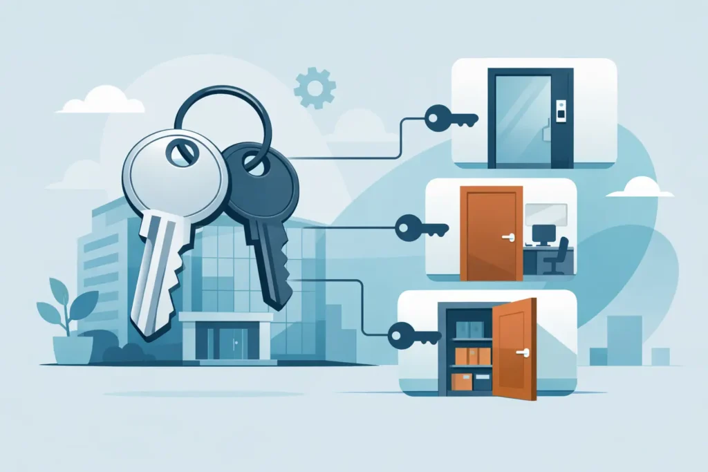 Office master key opening several interior office doors