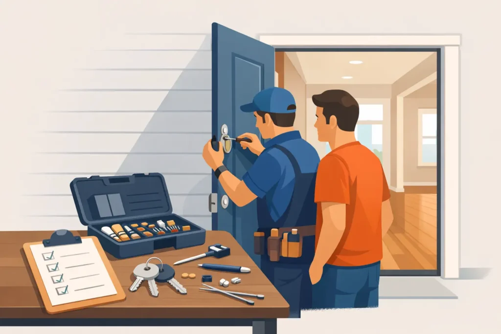 New homeowner with keys at the front door ready to rekey the locks