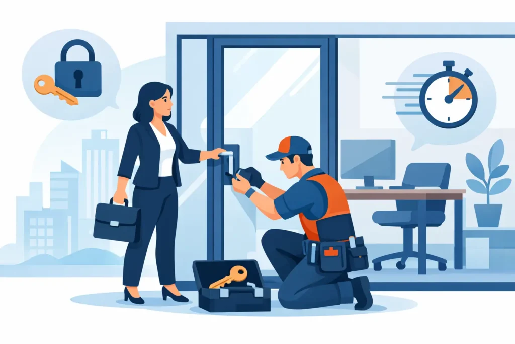 Locksmith helping staff get back into a locked office door