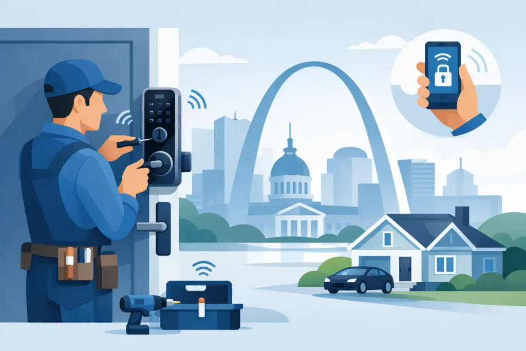 Locksmith installing a smart lock on a St. Louis home door
