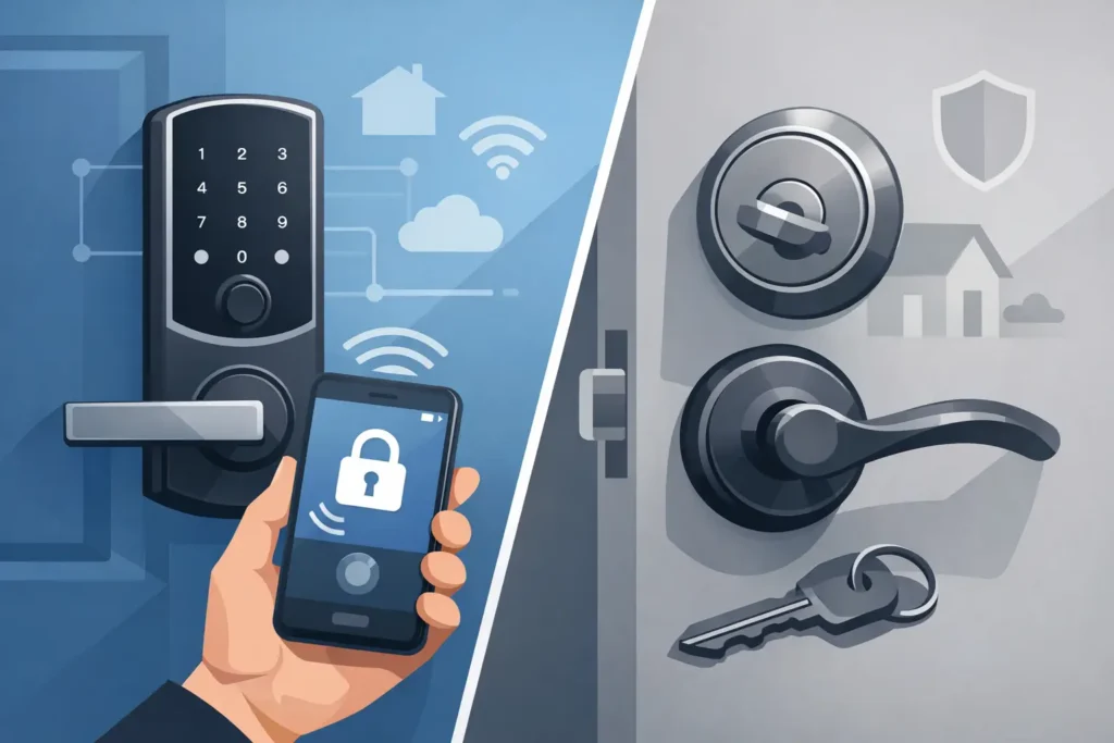 Smart lock and traditional deadbolt compared on residential doors