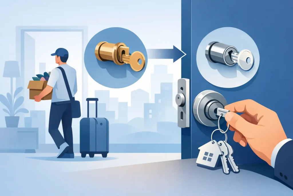 Landlord rekeying a rental door lock after a tenant move-out