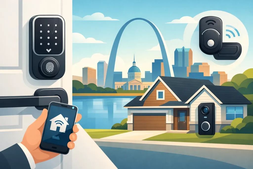 Keypad deadbolt and smart lock keyless entry options on a St. Louis home front door