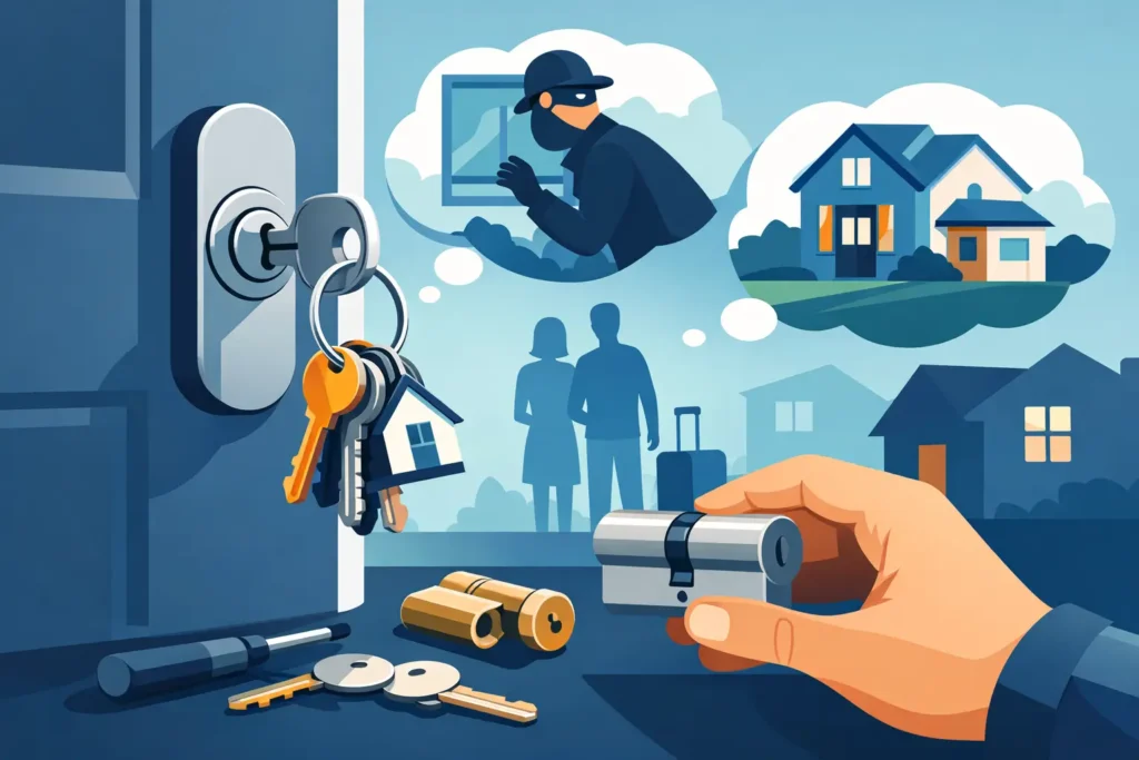 Homeowner deciding whether to change the locks on a front door