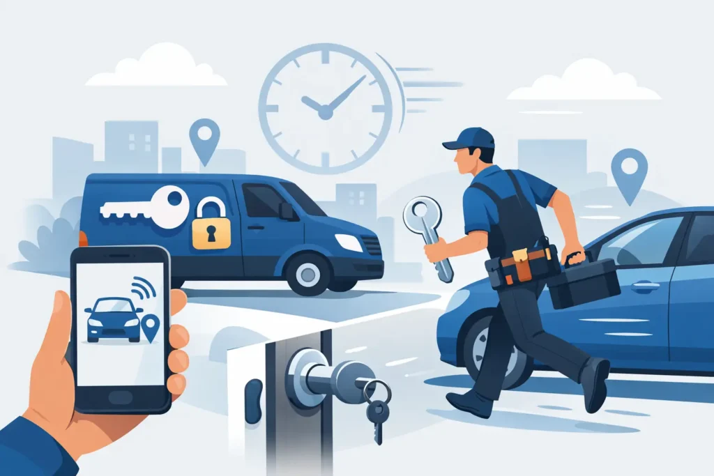 Mobile locksmith van arriving at a St. Louis home for fast on-site service